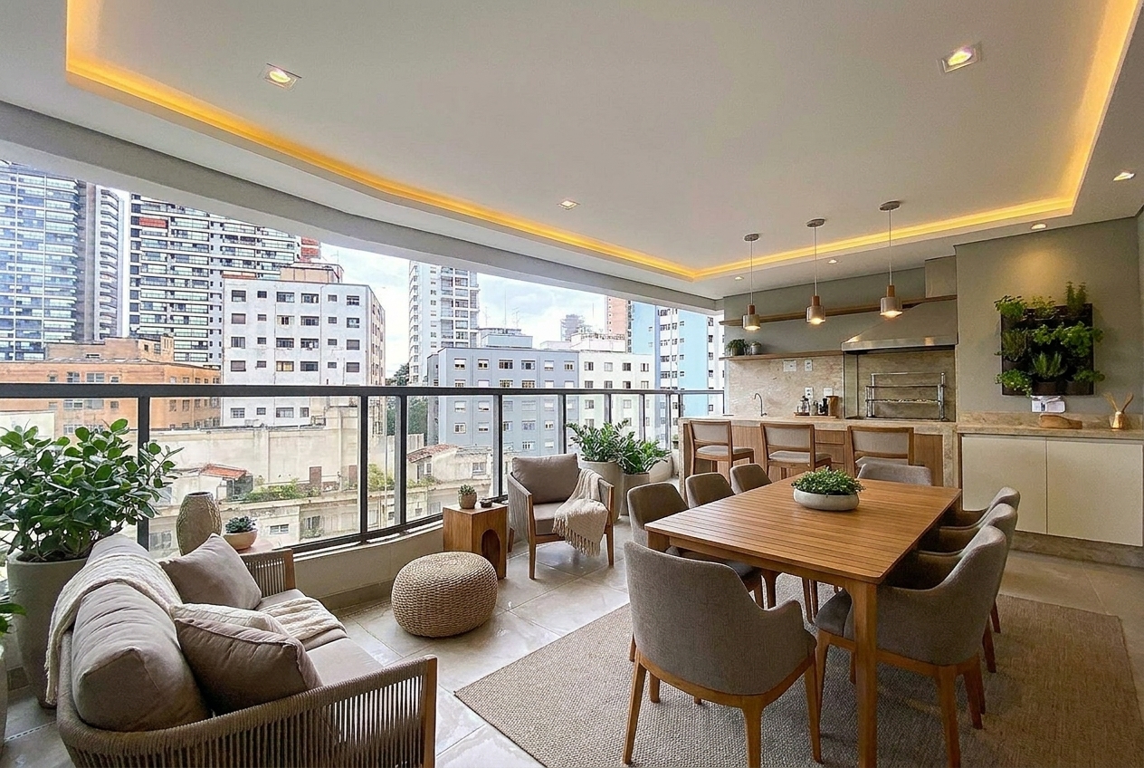 Varanda gourmet com vista para o skyline de São Paulo